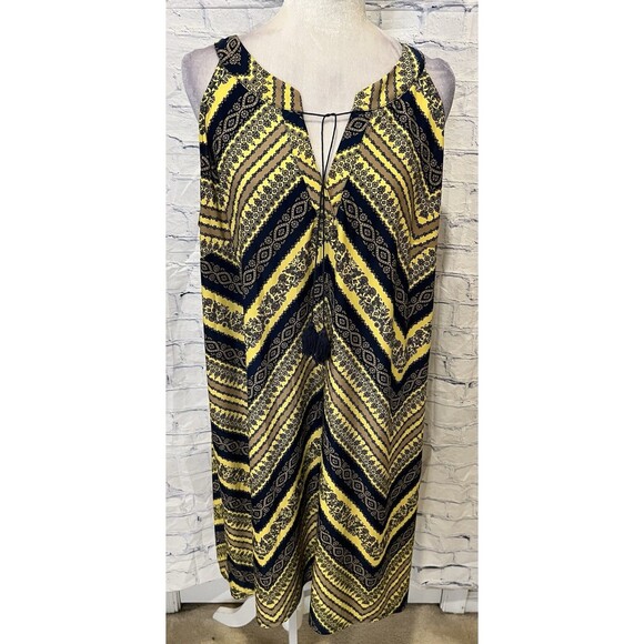 Tacera Dresses & Skirts - Tacera Boho Stretchy Shift Dress 2X Flowy Sleeveless Navy/Yellow Print